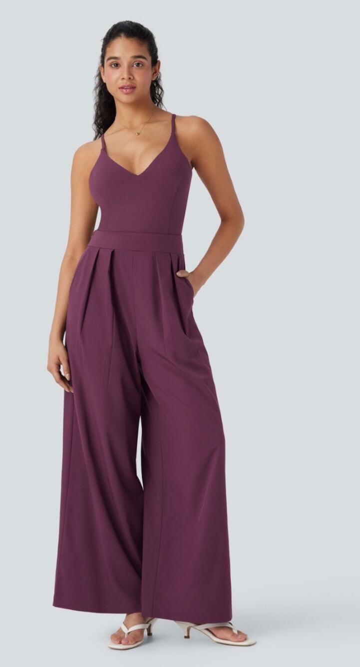 Halara Breezeful Wide Leg Quick Dry Casual Jumpsuit V Neck Pockets Purple Size M